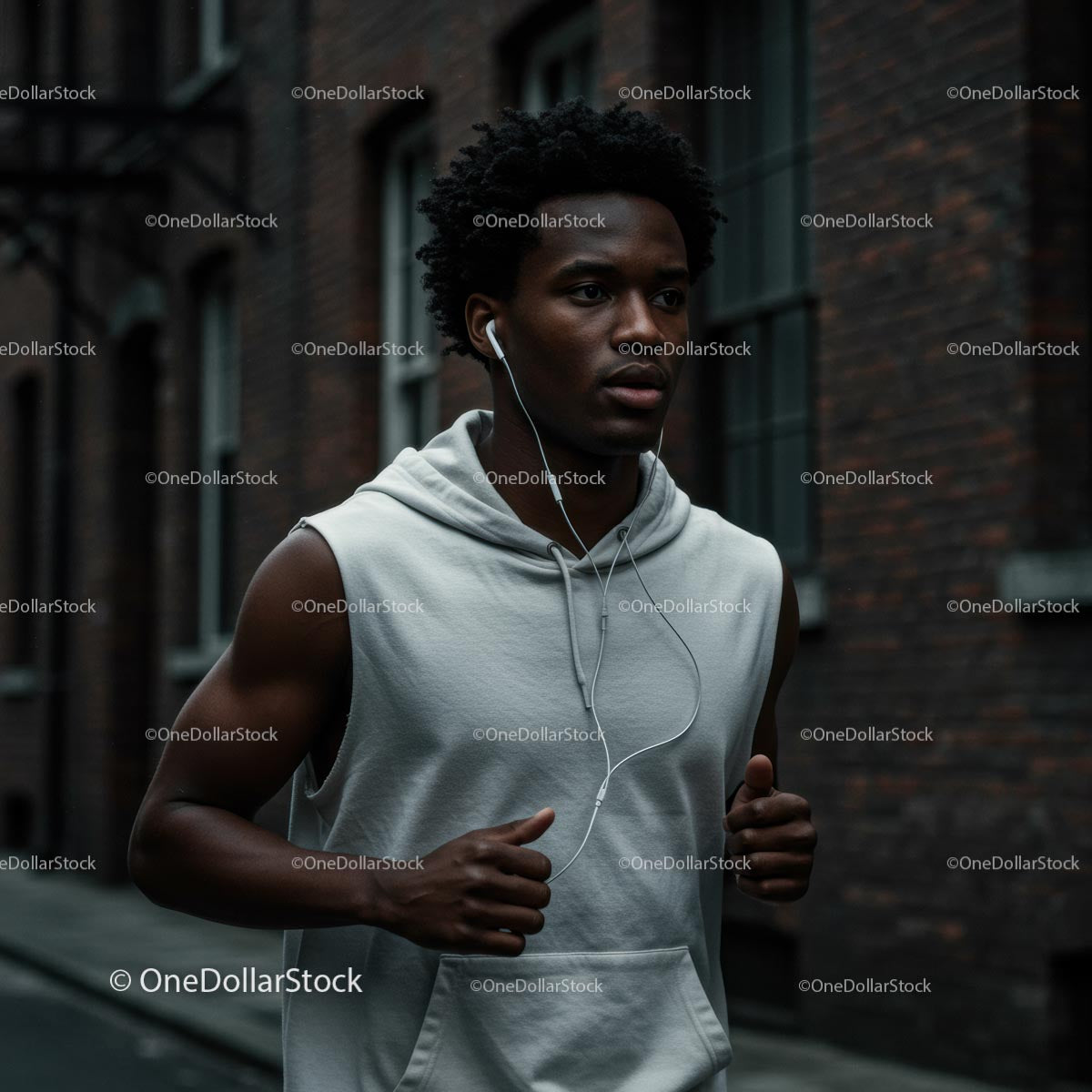 Focused Runner in Hoodie Jogging in Urban Setting