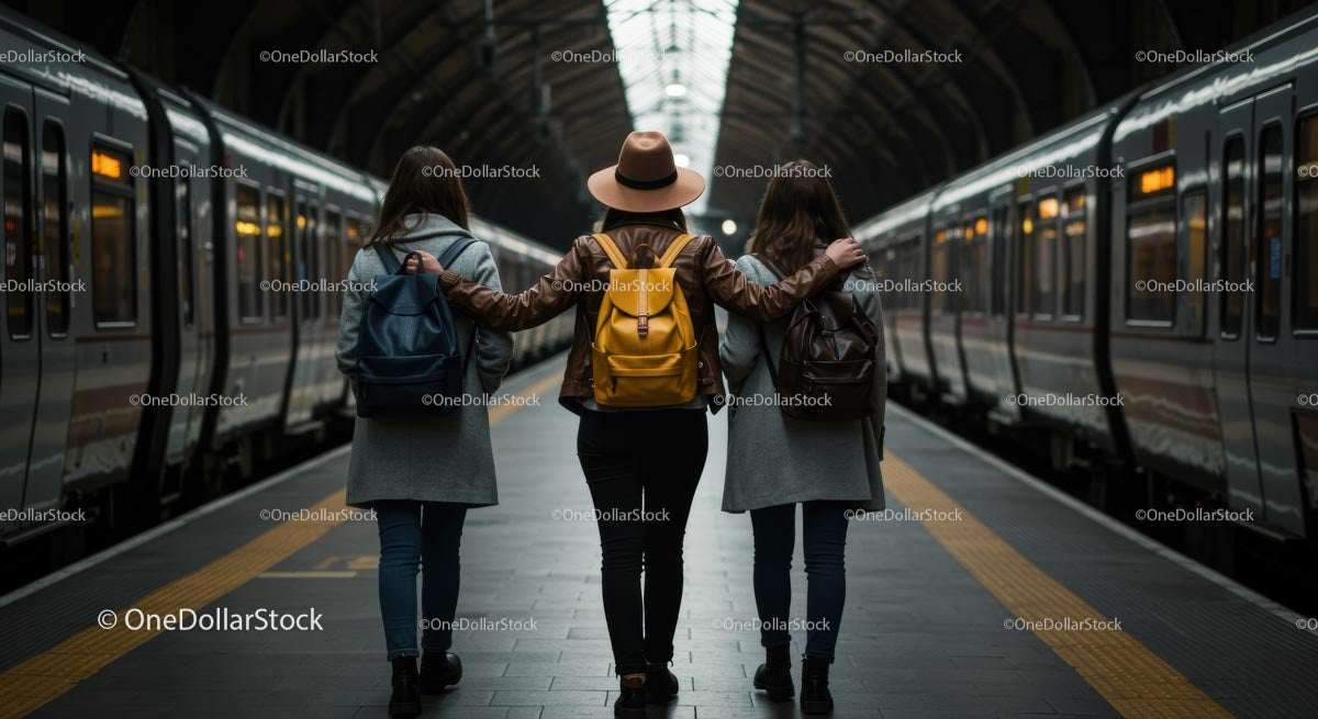 Three Friends Embracing at Train Station