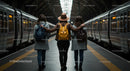 Three Friends Embracing at Train Station