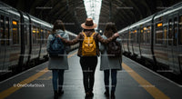 Three Friends Embracing at Train Station