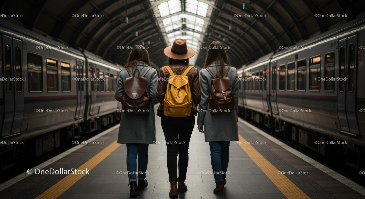 Backpackers in Long Coats Strolling a Train Platform