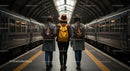 Backpackers in Long Coats Strolling a Train Platform