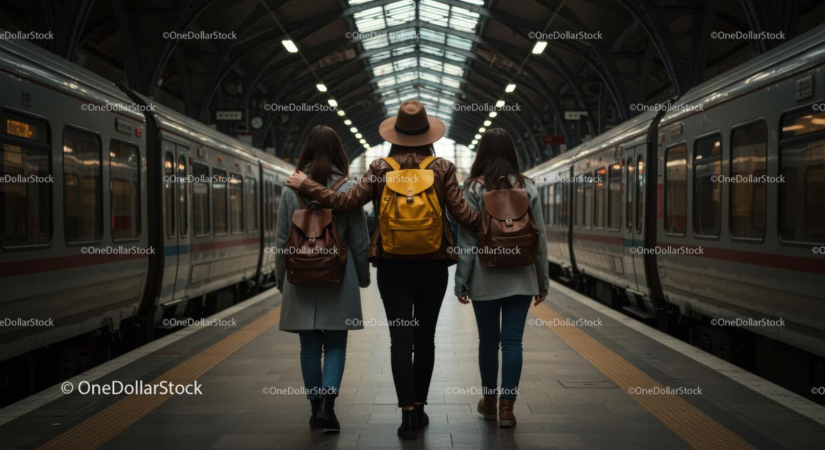 Three Friends Exploring Train Station City Adventure