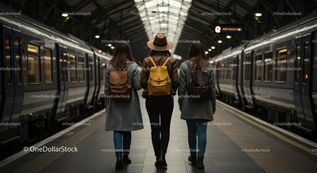 Three Travelers Walking on Train Station Platform