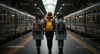 Three Women with Backpacks at Train Station Platform