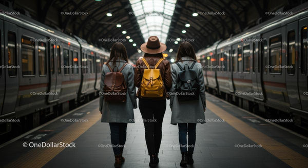 Three Women with Backpacks at Train Station Platform