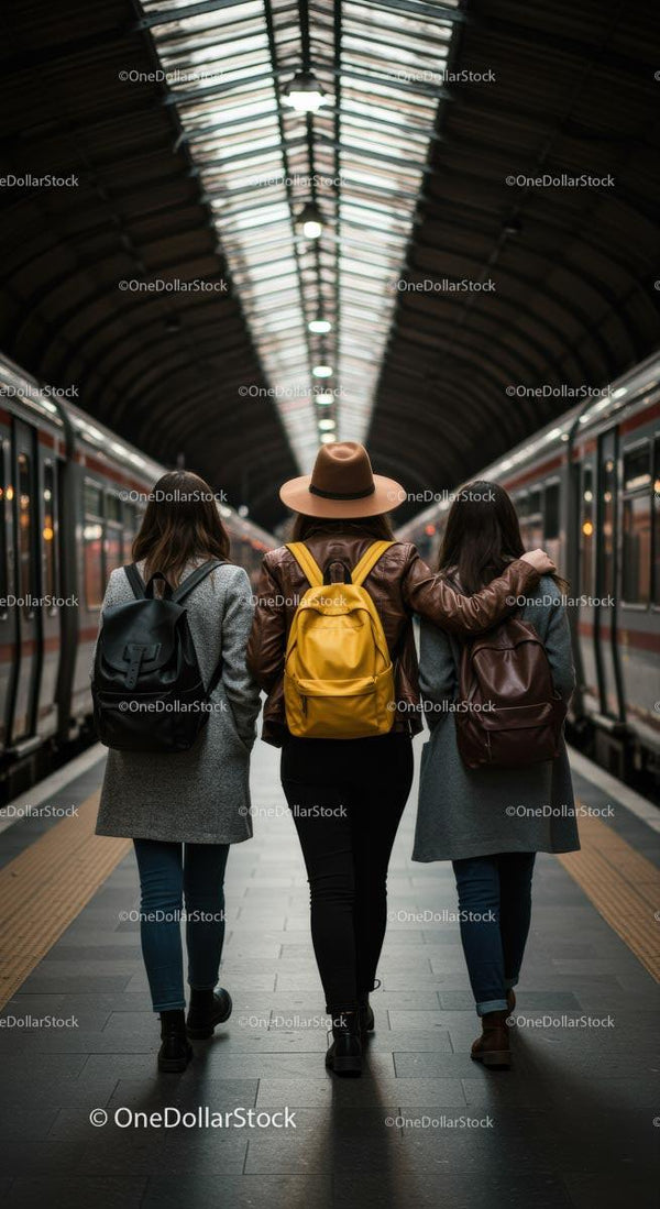 Three Women Embracing at Train Station Platform