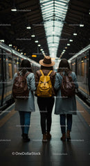 Three Travelers with Backpacks at Train Station Platform