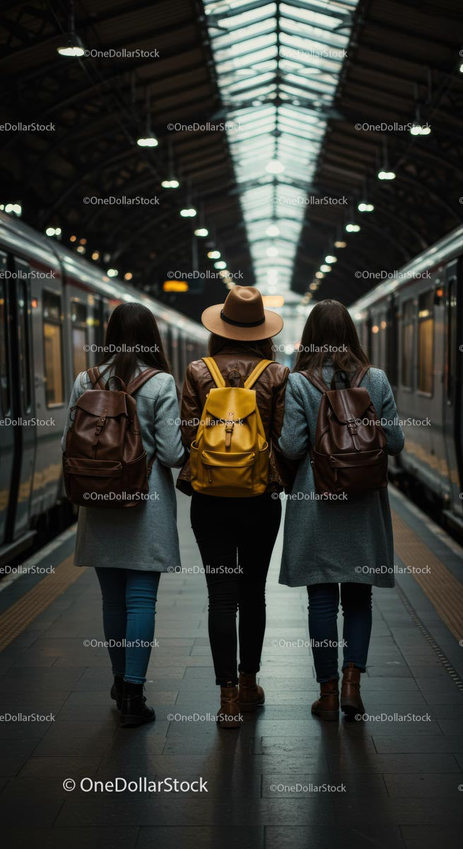 Three Travelers with Backpacks at Train Station Platform
