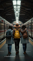 Friends Exploring Train Station with Backpacks