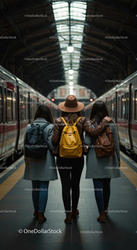 Friends Exploring Train Station with Backpacks