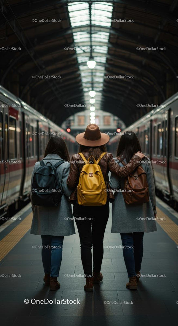 Friends Exploring Train Station with Backpacks