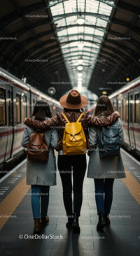 Three Friends Walking Together at a Train Station