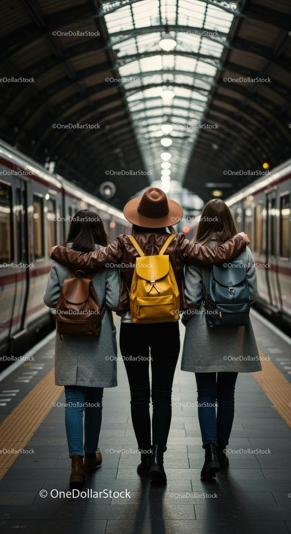 Three Friends Walking Together at a Train Station