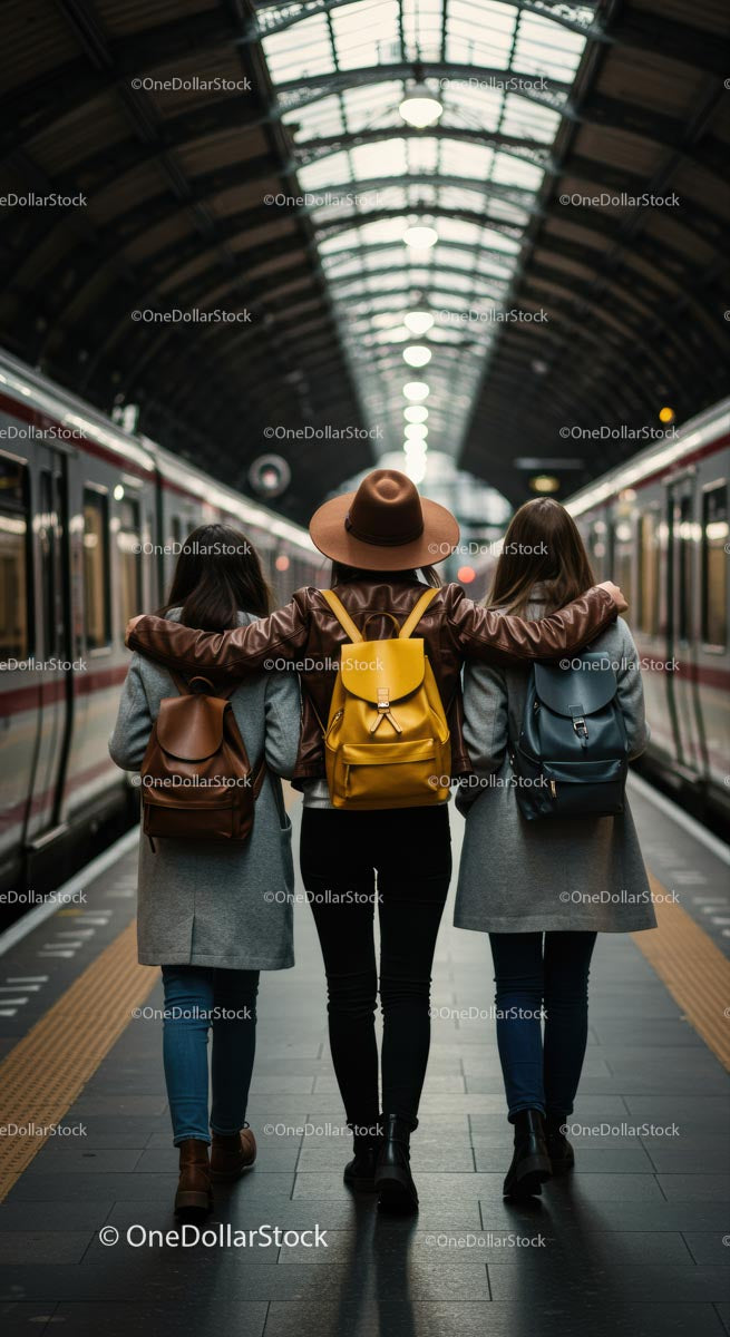 Three Friends Walking Together at a Train Station