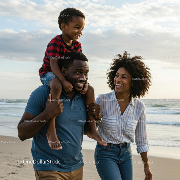 Happy Family Strolling on the Beach at Sunset