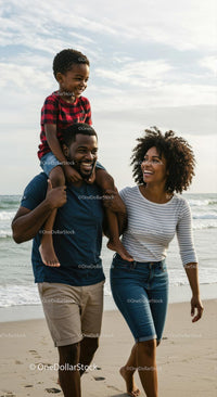 Happy Family Strolling Along the Beach on a Sunny Day
