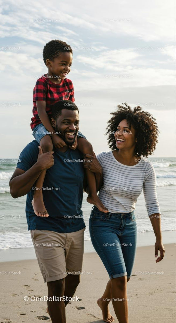 Happy Family Strolling Along the Beach on a Sunny Day