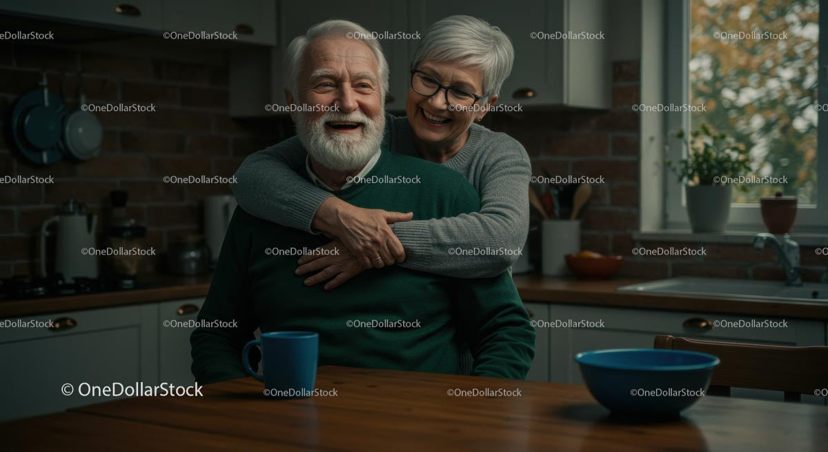 Joyful Elderly Couple Embracing in Cozy Kitchen
