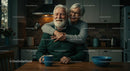 Affectionate Elderly Couple Enjoying Morning Coffee in Cozy Kitchen