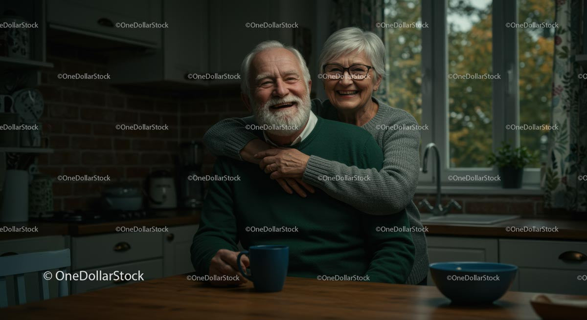 Happy Senior Couple Enjoying Morning Coffee in Cozy Kitchen