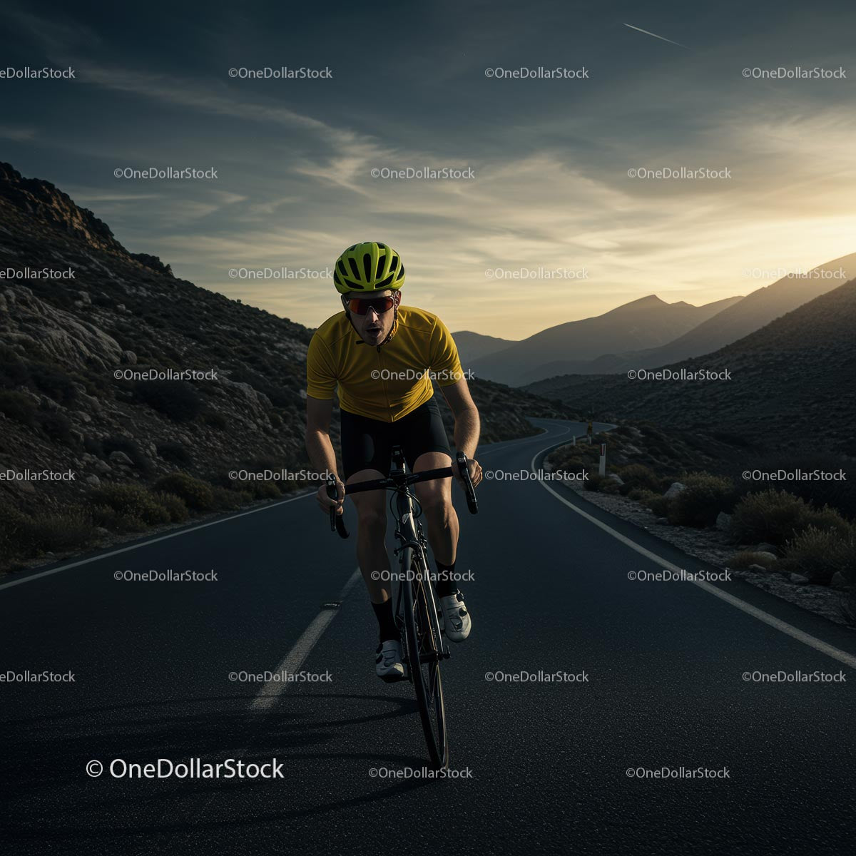 Cyclist in Yellow on Mountain Road at Sunset