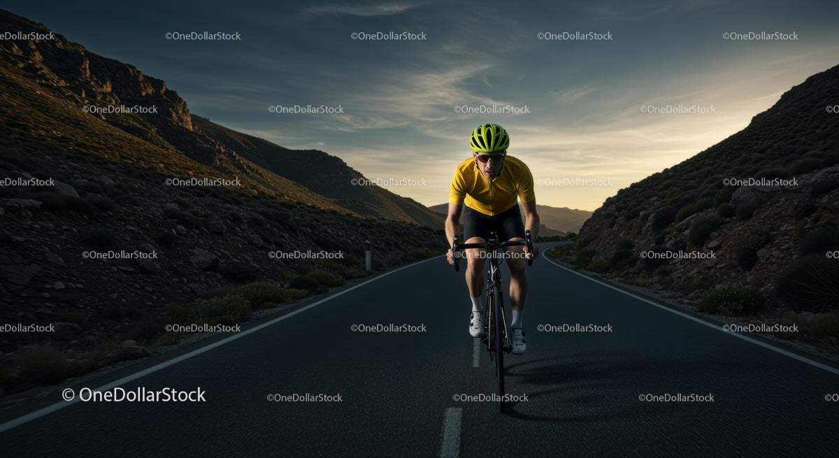 Cyclist Riding Through Mountain Landscape at Sunset