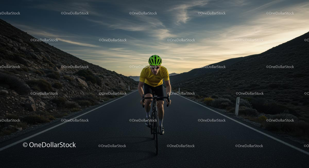 Cyclist in Yellow Jersey Riding at Sunset on Mountain Road