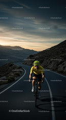 Cyclist in Yellow Jersey on Mountain Road at Sunset