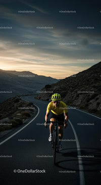 Cyclist in Yellow Jersey on Mountain Road at Sunset