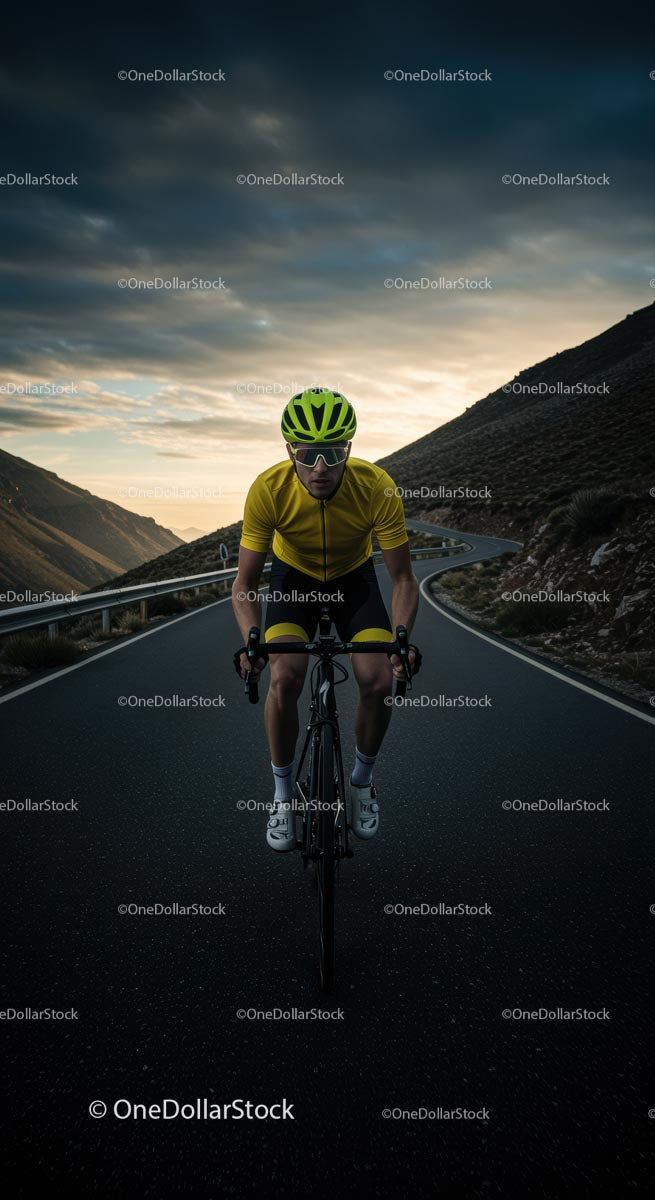 Cyclist in Yellow Jersey Riding Through Mountainous Road