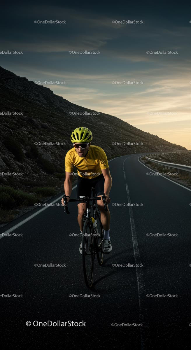 Cyclist Riding Along a Mountain Road at Sunset