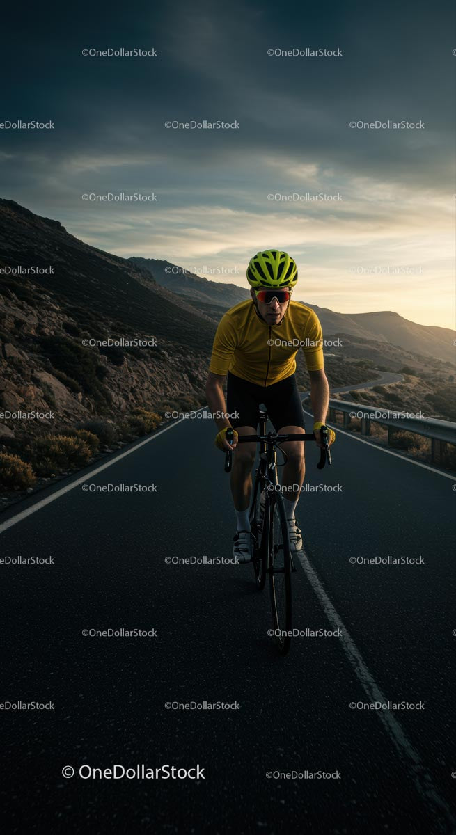 Cyclist in Yellow Jersey on Mountain Road at Sunset