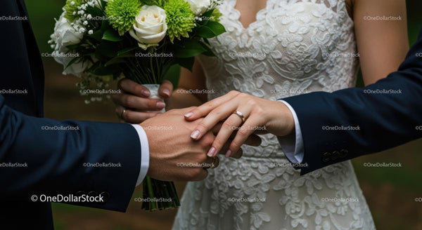 Bride and Groom Exchanging Rings with Elegant Bouquet