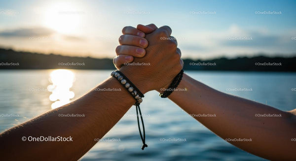 Handshake of Unity at Sunset Over Tranquil Lake