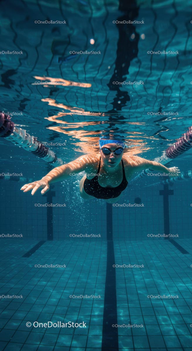 Female Swimmer Freestyle Underwater in a Blue Pool