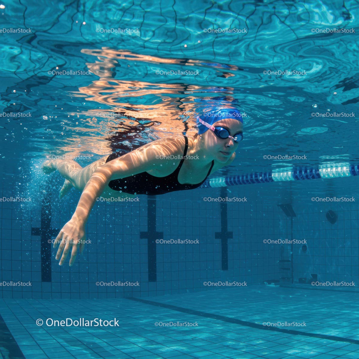 Female Swimmer Freestyle Underwater in Blue Pool