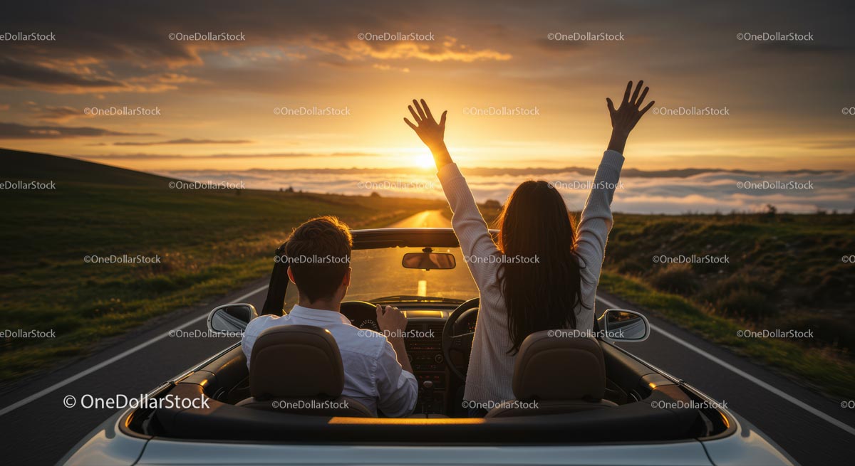 Couple Enjoying a Scenic Sunset Drive in a Convertible