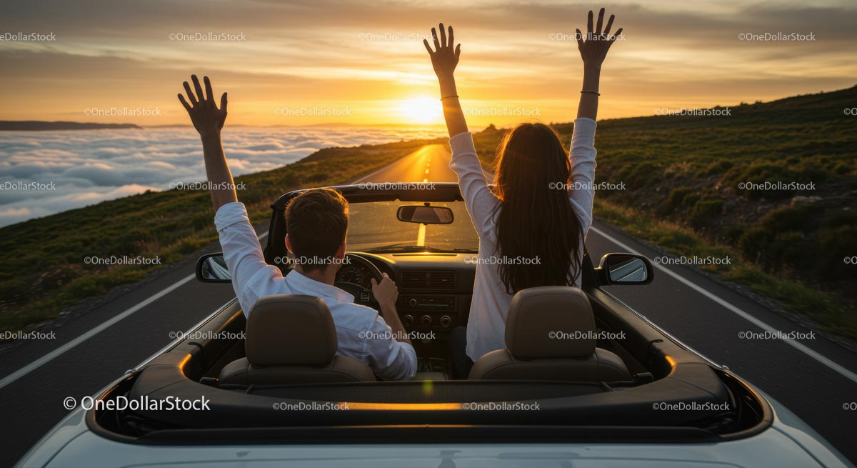 Couple Enjoying Scenic Drive at Sunset in Convertible