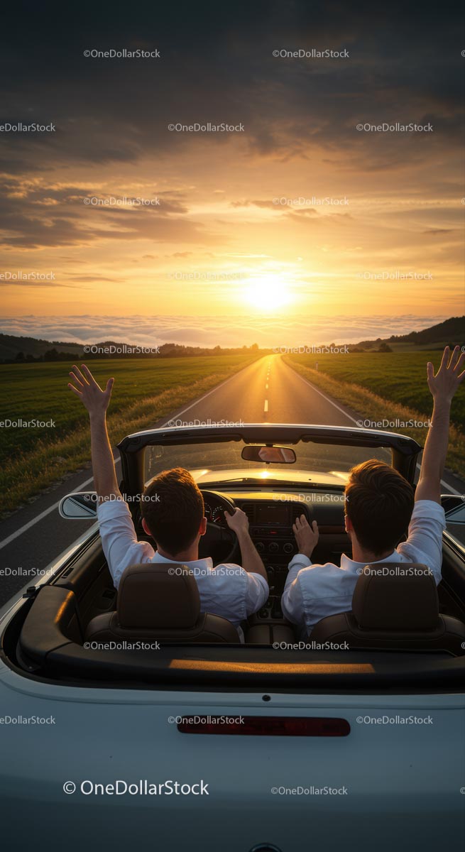Friends Enjoying a Sunset Drive in a Convertible