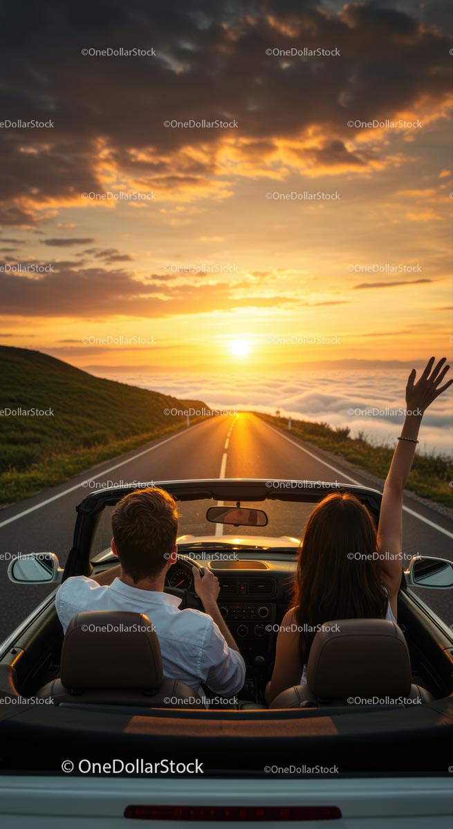 Couple Driving Convertible Car into Sunset
