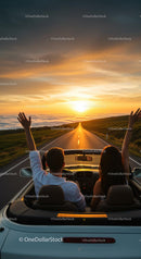 Couple Enjoying a Sunset Drive in a Convertible