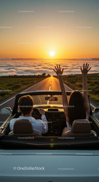Couple Enjoying a Sunset Drive in a Convertible
