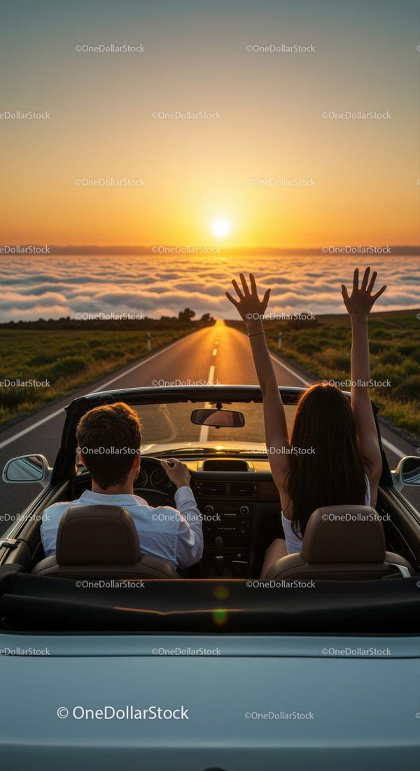 Couple Enjoying a Sunset Drive in a Convertible