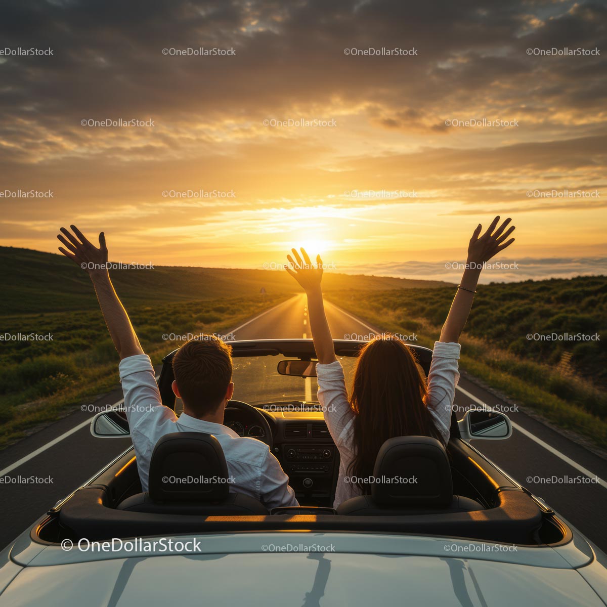 Couple Enjoying a Scenic Sunset Drive in a Convertible
