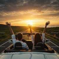 Couple Enjoying a Scenic Sunset Drive in a Convertible
