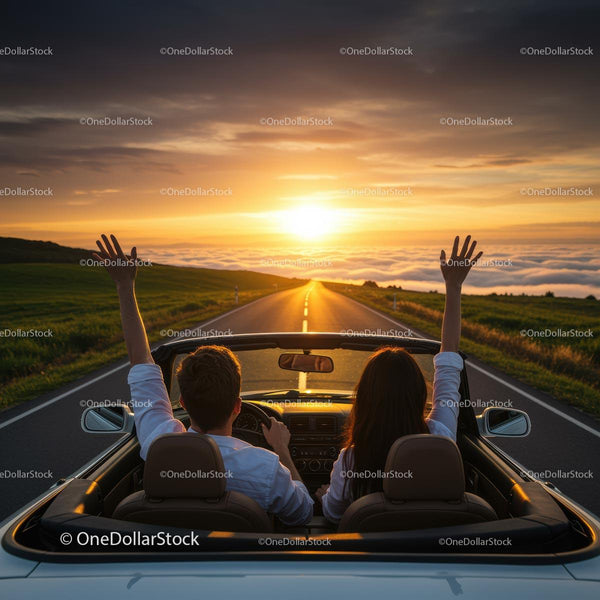 Couple Driving Convertible at Sunset on Open Road