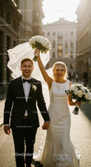 Newlywed Couple Celebrating in Sunlit Urban Street