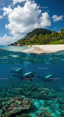 Scuba Divers Exploring Vibrant Coral Reef by Tropical Beach