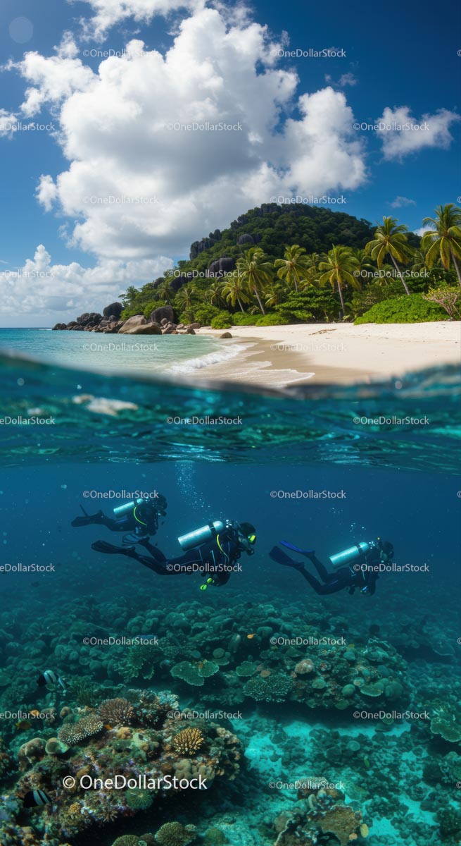 Scuba Divers Exploring Vibrant Coral Reef by Tropical Beach